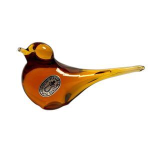 Pilgrim Glass Amber Bird Figurine Hand Blown Art Glass Paperweight Vintage USA
